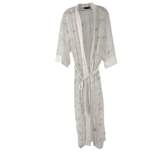 INC Intimates Robe Womens Size XXL White Sheer Floral Embroidered Satin Trim - Picture 1 of 9